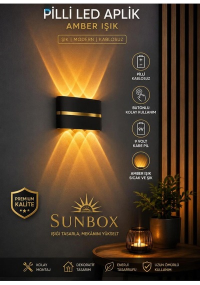 Gold Şeritli Pilli Amber Led Duvar Aplik Kablosuz Modern Aydınlatma Amber Amber
