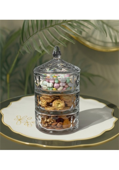 Elta Collection 3 Katlı Kristal Cam Şekerlik Lokumluk, Kurabiyelik, Çerezlik, Sunumluk Beyaz