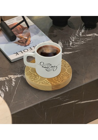 Kişiye Özel Retro Motif Tasarımlı Doğal Ahşap Tabaklı Türk Kahvesi Fincanı Model 14