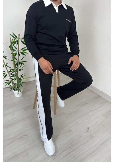 Explode - Erkek Siyah Polo Yaka Baggy Çizgili Günlük Takım Siyah