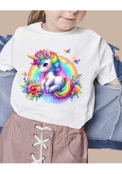 F17 Ajans Unicorn Baskılı %100 Pamuk Sıfır Yaka Kız Çocuk Tişörtü Beyaz