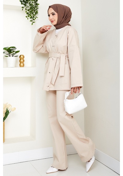 Bestenur Kemerli Ceket Pantolon Gabardin Takım 1557 - Bej Bej