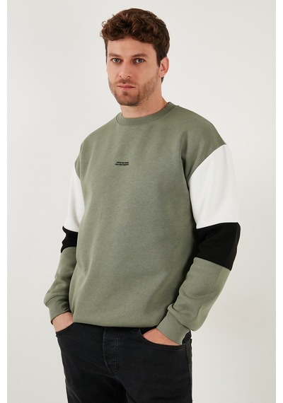 Buratti Pamuklu Relaxed Fit Bisiklet Yaka Şardonlu Renk Bloklu Erkek Sweat 5905298T Haki