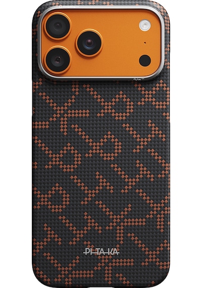 Apple iPhone 17 Pro Kılıf M-safe Uyumlu Aramid Fiber Pitaka Tactile Woven Monogram Serisi Turuncu-siyah Turuncu - Siyah