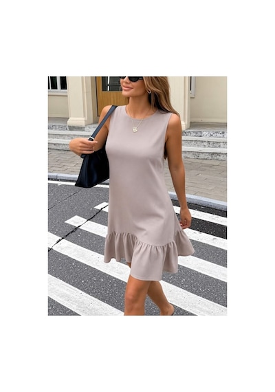 Butik İstanbul Kadın Askılı Bisiklet Yakalı Arkadan Fiyonk Leopar Bağcıklı Dokuma Viskon Kısa Elbise Bej