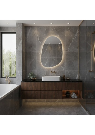 70x101 Cm Asimetrik Oval Led Banyo Aynası Dokunmatik Dim Edilebilir, 3000k Günışığı Sarı