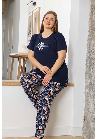 Aydoğan Kadın İnci Büyük Beden Kısa Kol Lacivert Pijama Takım 0060 Lacivert