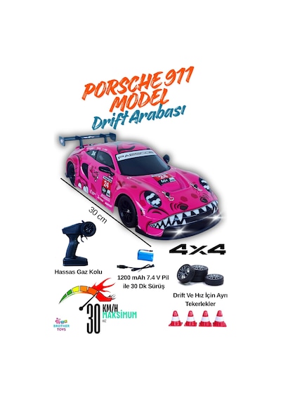 30 Km/h Hız Yarış Arabası Şarjlı 2.4 Ghz Uzaktan Kumandalı Drift Araba Porsche 911 Pembe