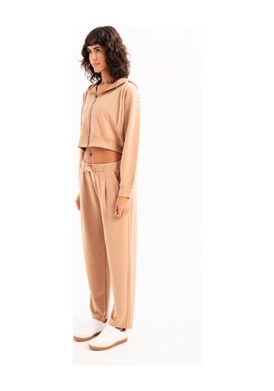 Justever Oversize Fit Beli Lastikli Cepli Rahat Kesim Vizon Kadın Eşofman Altı Pantolon - Flex Vizon