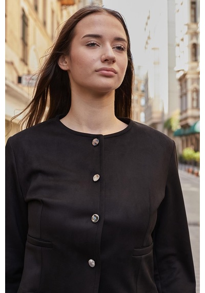 Kadın Esnek Süet Kumaş Sıfır Yaka Flato Cepli Uzun Kol Blazer Ceket-siyah Siyah