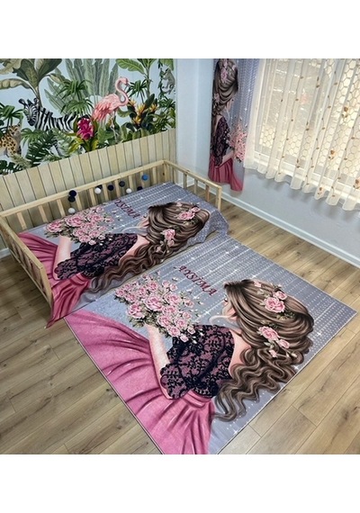 Gül Demet Tutan Kız Dijital Baskı Çocuk Oda Halısı
