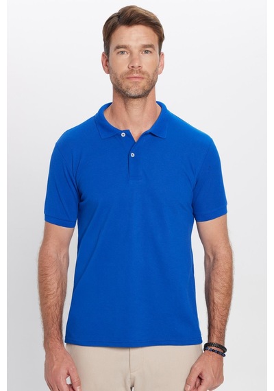 Tudors Erkek Slim Fit Dar Kesim Pamuklu Yumuşak Dokulu Serin Tutan Kumaş Düz Saks Mavi Polo Yaka Tişört-31631 Saks Mavi