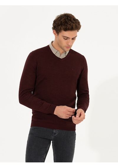 Cacharel Bordo Slim Fit V Yaka Basic Triko Kazak Kırmızı