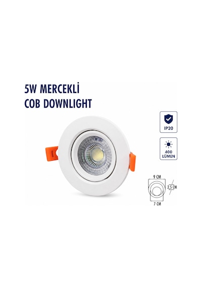 Lampist 5w Beyaz Kasa Mercekli Yuvarlak Cob Downlıght 3000k