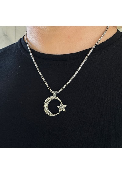 Takılingo 925 Ayar Gümüş 2mm Kral Zincirli Kelimei Tevhid İşlemeli Erkek Kolye Gümüş