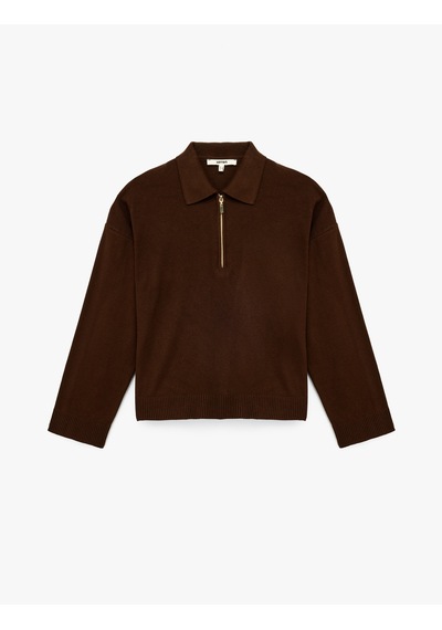 Koton Fermuarlı Polo Yaka Uzun Kollu Oversize Kazak Kahverengi 6wak90260ht Kahve