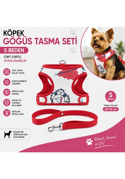 Köpek Göğüs Tasması Ve Sevk Kayışı Seti S Beden 26-36 Cm Cırt Cırtlı Denizci Desenli Çok Renkli