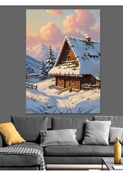 Ahşap Tablo Karlı Dağ Evi Manzarası
