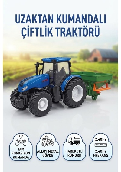 Uzaktan Kumandalı Gerçek Görünüşlü 1:24 Ölçekli 6 Fonksiyonlu Çiftlik Aleti Römorklu Oyuncak Traktör