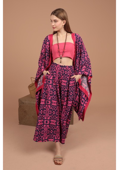 Chıcnhappy Empirme Viskon Kumaş Kadın Kimono Takım 24vl9330133 Fuşya