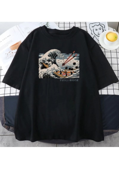 Flood Of Style Unisex Siyah Japon Dalga Baskılı Oversize Bisiklet Yaka T-shirt
