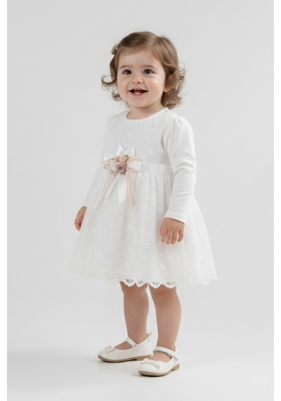 Mnk Baby & Kids Kız Bebek Kurdelalı Çiçekli Dantel Elbise M00768 ekru
