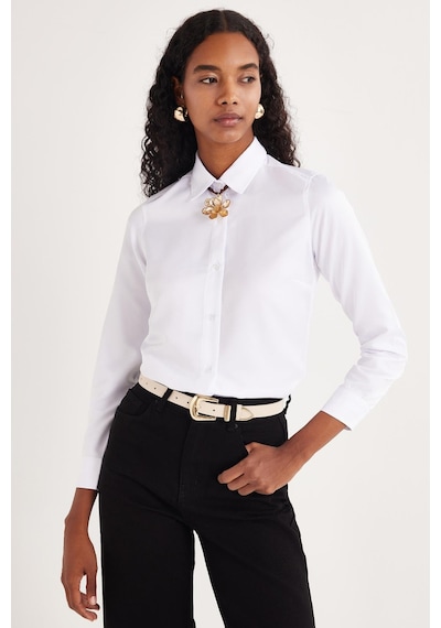 Tudors Kadın Slim Fit Dar Kesim Vucüda Oturan Uzun Kollu Beyaz Basic Gömlek-35322 Beyaz