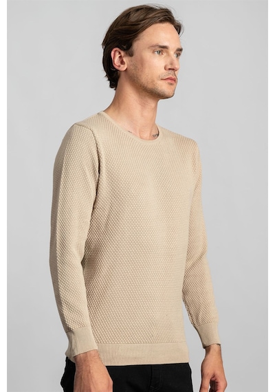 Tudors Slim Fit Dar Kesim Bisiklet Yaka Petek Desenli Erkek Kazak-22065 Krem