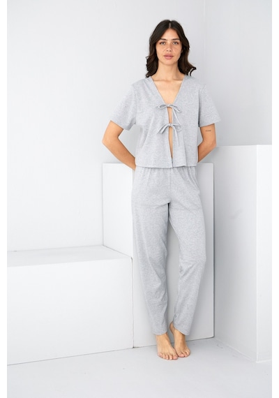 Siyah İnci Bağlamalı Örme Pijama Takım7889 Gri