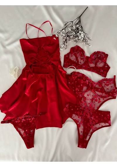 Mh Moony Homewears Kutulu Betül Saten Gecelik İç Giyim Tulum Çeyiz Seti Kırmızı