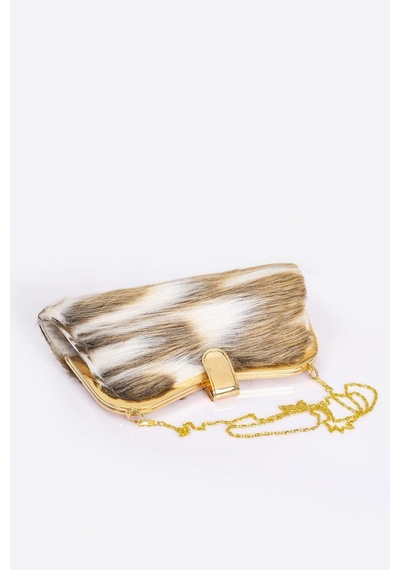 Keyifli Moda Kadın Kahverengi Desenli Suni Kürk Zincirli El Ve Omuz Clutch Portföy Çanta - Kahverengi