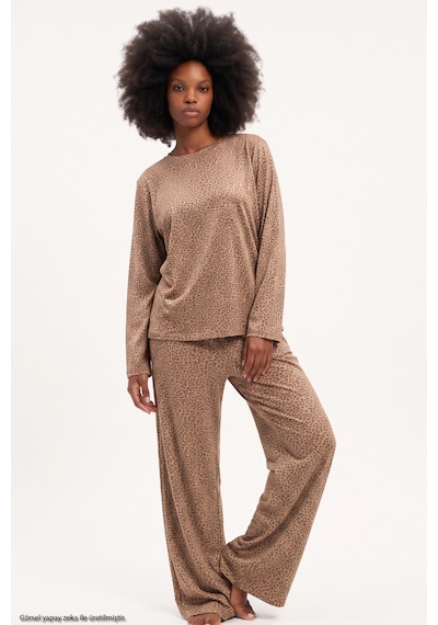 Siyah İnci Leopar Baskılı Örme Pijama Takım 8078 Vizon Leopar