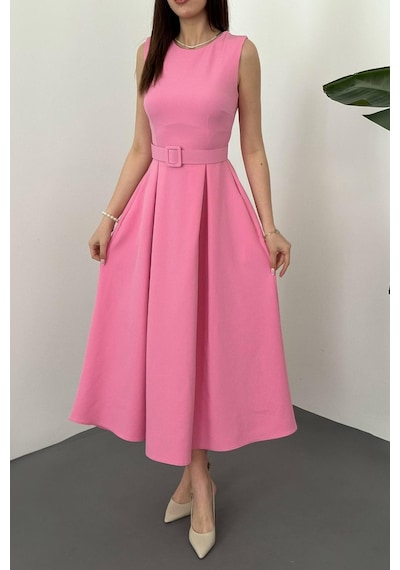 Duygudan Pembe Halter Yaka Kloş Elbise - Pembe Çok Renkli