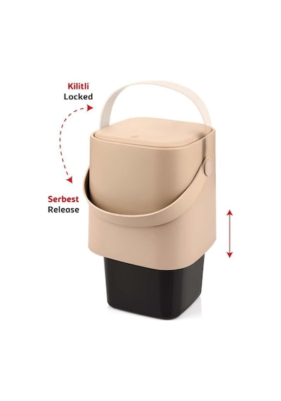 Tutma Saplı İç Kovalı Tezgah Üstü Mutfak Çöp Kovası, 4 Litre, Kilitli Kapak, Click Kapak, 20x20x22 Cm, Krem Diğer