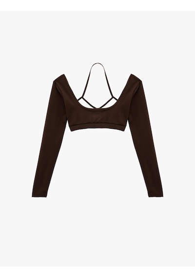 Koton Uzun Kollu Kayık Yaka Askı Detaylı Spor Crop Tişört Kahverengi 6wak10237nk Kahve