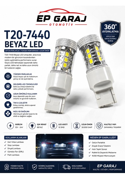 Üniversal T20-7440 Beyaz Led Ampul 15 Smd Güçlü Aydınlatma 0