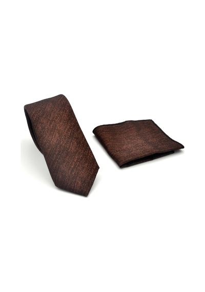 Gaffy Bej Kırcıllı Desenli Koyu Kahverengi Dokuma Kumaş Mendilli Slim Fit Kravat // Sdk-2501-6 Koyu Kahverengi