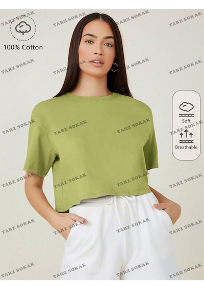 Flood Of Style Crop Ckod-232913 Pamuk Damla Omuz Düz Kısa Yeşil