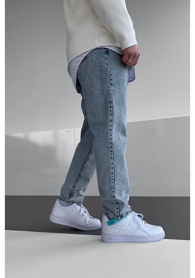 Baggy Asit Yıkama Taşlamalı Kot Pantolon-Erkek Mavi
