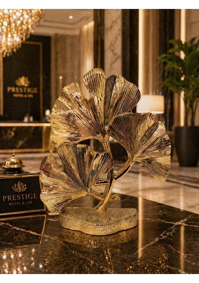 Duygu Ve Yaşam Tarzı Odaklı Gold Ginkgo Yaprağı Lüks Dekoratif Metal Biblo Heykel Obje 29 Cm X 23 Cm Sarı