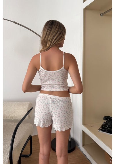 Giysa Kadın Askılı Çiçek Desenli Şortlu Pijama Takımı Beyaz Mini Çiçek - 3300