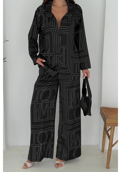 Asprin Fashion Geometrik Desen Modal Saten Takım Siyah Siyah