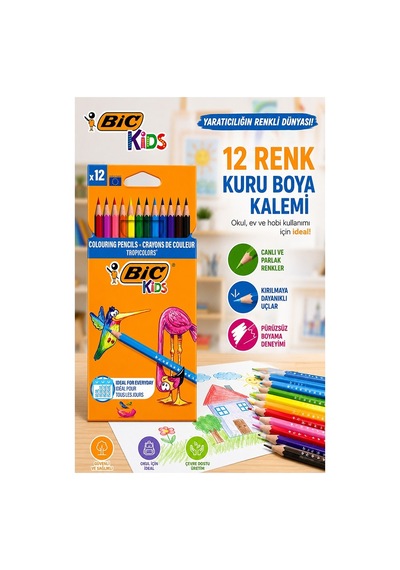 12 Li Kuru Boya Kalemi Karton Kutu 1 Paket Bic Tropicolors 12 Renk Kuruboya Tam Boy Canlı Renkli Boya Kalem Okul Öğrenci Çok Renkli