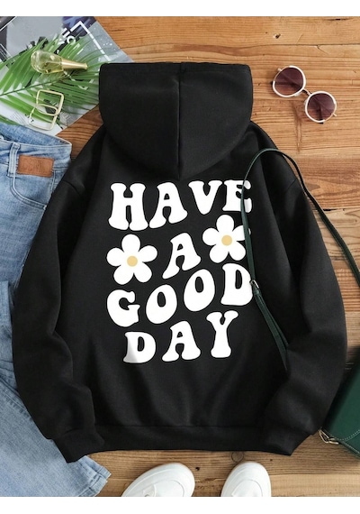 Papatya Good Day Sweatshirt - Siyah Baskılı Oversize Kalın Kışlık Kapüşonlu Siyah