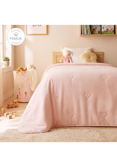 %100 Pamuk Penye Pembe Kalp Nakışlı Çocuk Tek Kişilik Çok Amaçlı Örtü 155 X 215 Cm Diğer