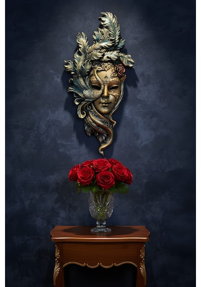 Tavus Kuşu Maskeli Kadın Duvar Mask Kahve Bronz Dekoratif Duvar Maskesi El Yapımı Maske Sanat Eseri