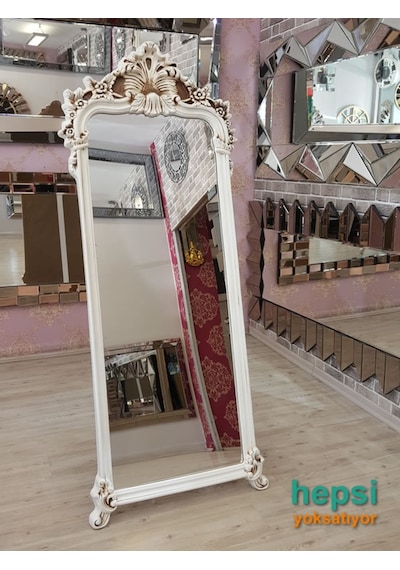 Vintage Madam Model Eskitme Beyaz Renk Varaklı Ayaklı Boy Aynası Beyaz