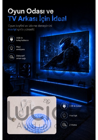 2 Metre 5v Usb Mavi Şerit Led Anahtarlı Gaming Masa Tv Arkası Powerbank Dekoratif Aydınlatma