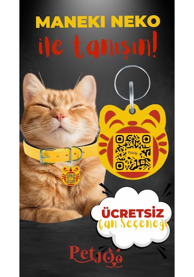 Petjoo 4.Maneki Neko Kırmızı-Sarı Qr'lı Kedi Künyesi