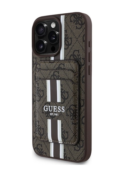 Apple Uyumlu iPhone 15 Pro Max Kılıf Guess Lisanslı Magsafe Özellikli 4g Desen Çizgili Kartlıklı Kapak Kahverengi